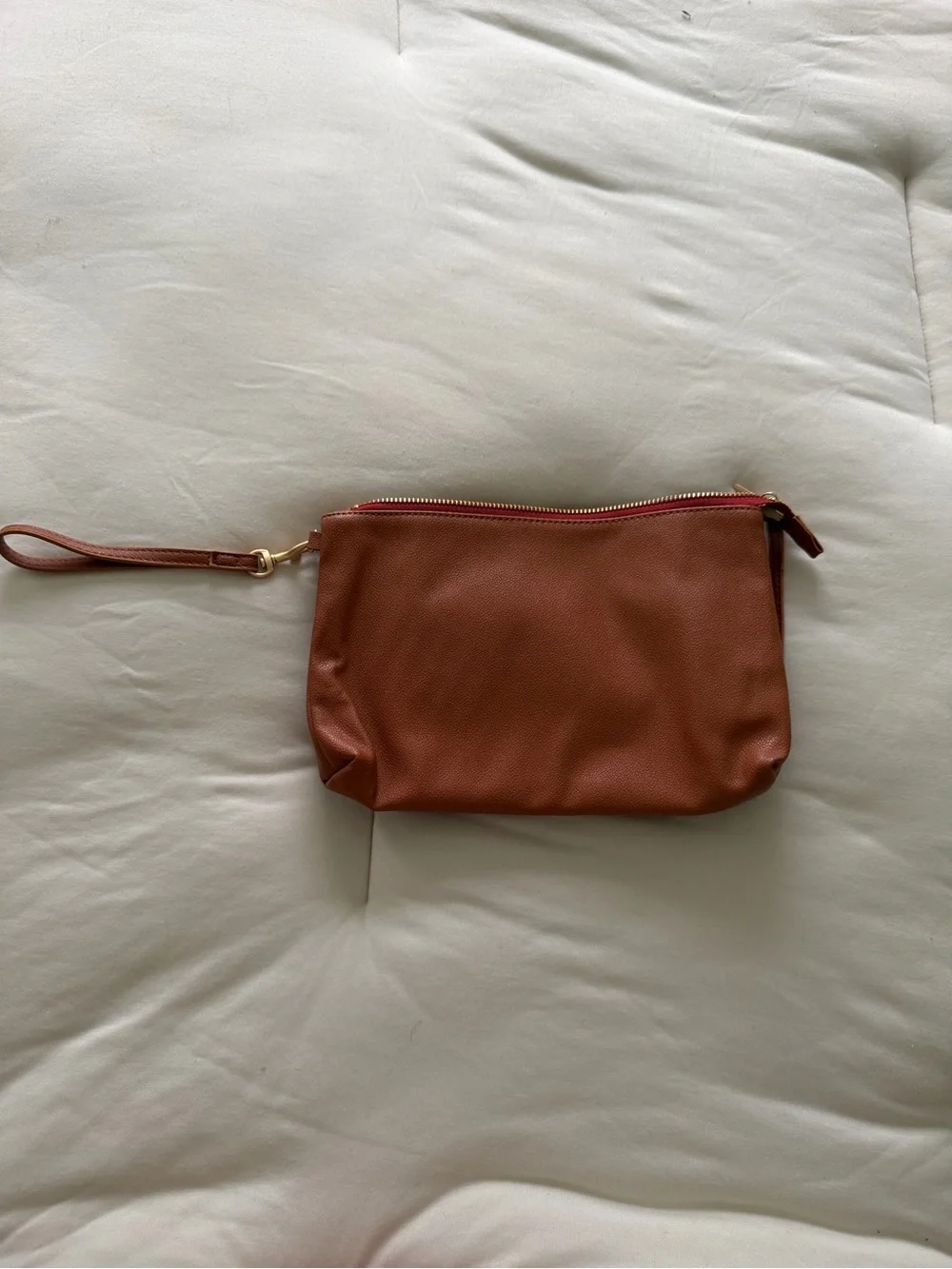 Freshly Picked Tan Brown Wristlet Clutch with Gold Logo